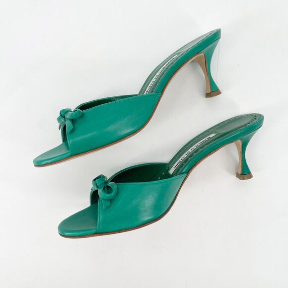 Manolo Blahnik Green Leather Pertinanu Bow Detail Kitten Heel Mules IT 36.5 - Picture 4 of 11